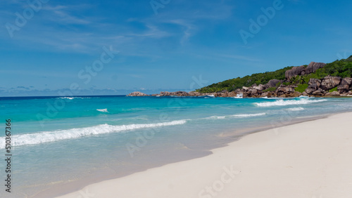 Fototapeta Naklejka Na Ścianę i Meble -  View of the magnificent beach of Petite Anse on the Isle of La Digue, Seychelles