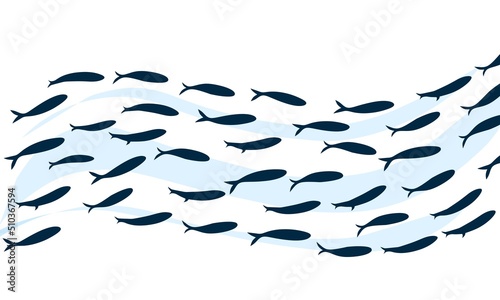 Ocean fish waves. small fish colony swimming in the blue sea. Logo template design. Isolated on a white background. Vector illustration.