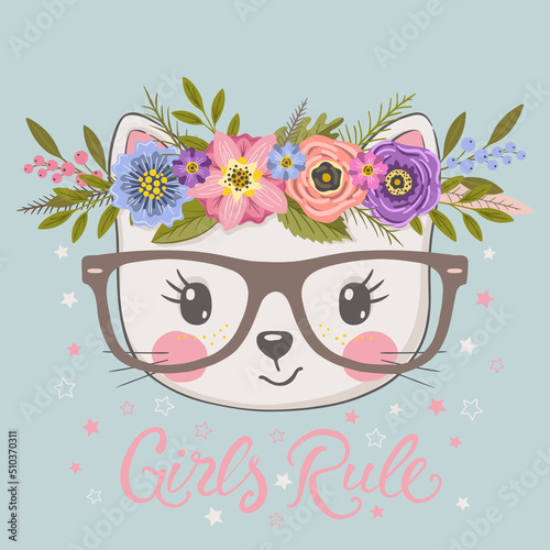 Cute cat girl with floral wreath