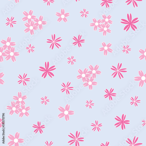 Vector blue background white pink cherry tree flowers and cherry blossom sakura flowers. Seamless pattern background