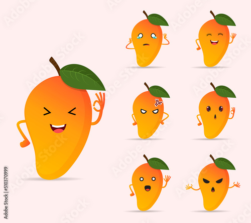 Collection of mango fruit cartoon character design icon. Happy, angry and sad different expression of ripe mango fruit vector.