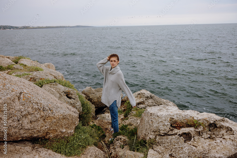 woman nature rocks coast landscape Ocean Lifestyle woman nature rocks coast landscape Ocean Lifestyle