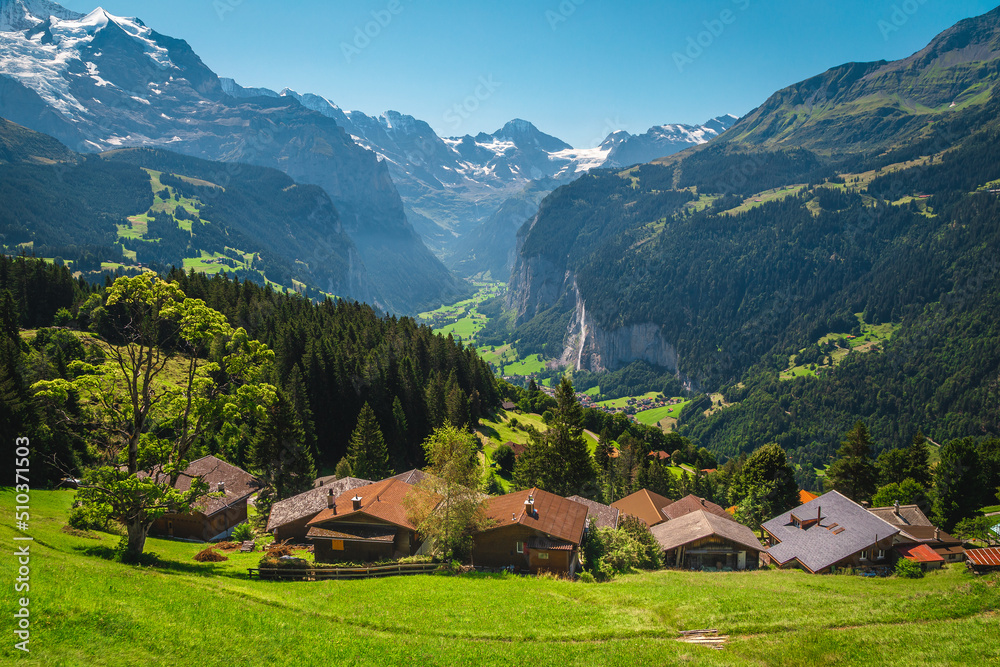Houses on the slope with amazing view, Lauterbrunnen valley, Switzerland