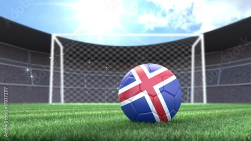 Iceland soccer ball, rolling into stadium with camera flashes. 3D animation