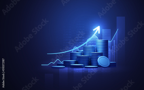 Blue money business graph finance chart diagram on economy 3d coin background with growth financial data concept or investment market profit bar and success market stock technology currency report. photo