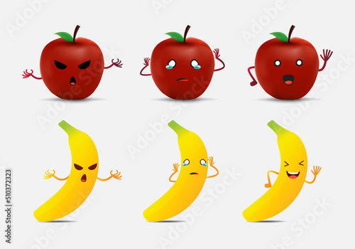 Collection of apple and banana cartoon character design icon. Happy, angry and sad different expression of apple and banana