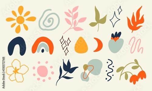 Big set of different drawings  plants  doodles and objects in boho style. Collection of multicolored vector icons. Flat design  cartoon style.