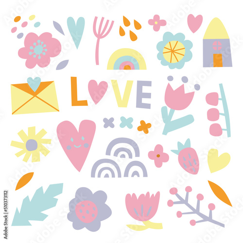 Childish cartoon style  illustration set with flowers, rainbows and hearts.