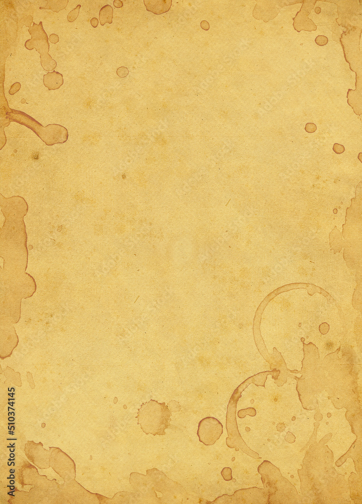 Old paper background. Tined aged paper with wine or coffee stains. Art background.