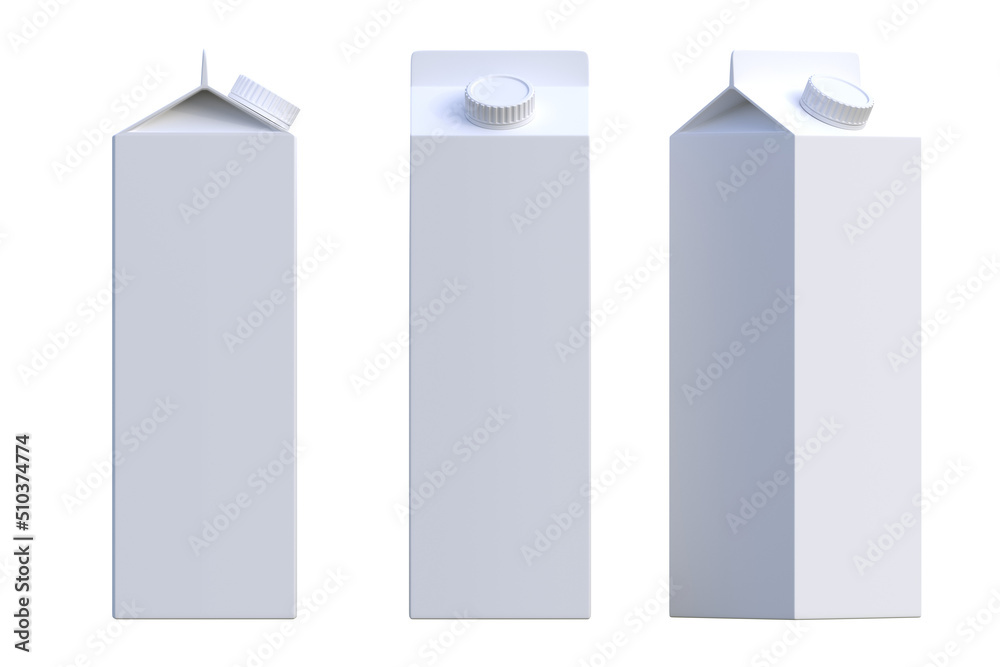 Milk carton packs on a white background. Dairy products concept. Mockup template. 3d rendering 3d illustration