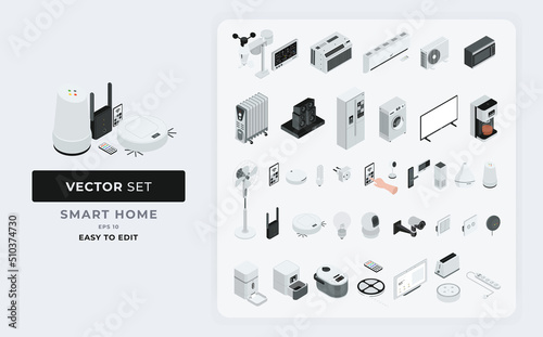 Smart home isometric set elements. vector house control system and advanced equipment. Color Editable Eps 10.