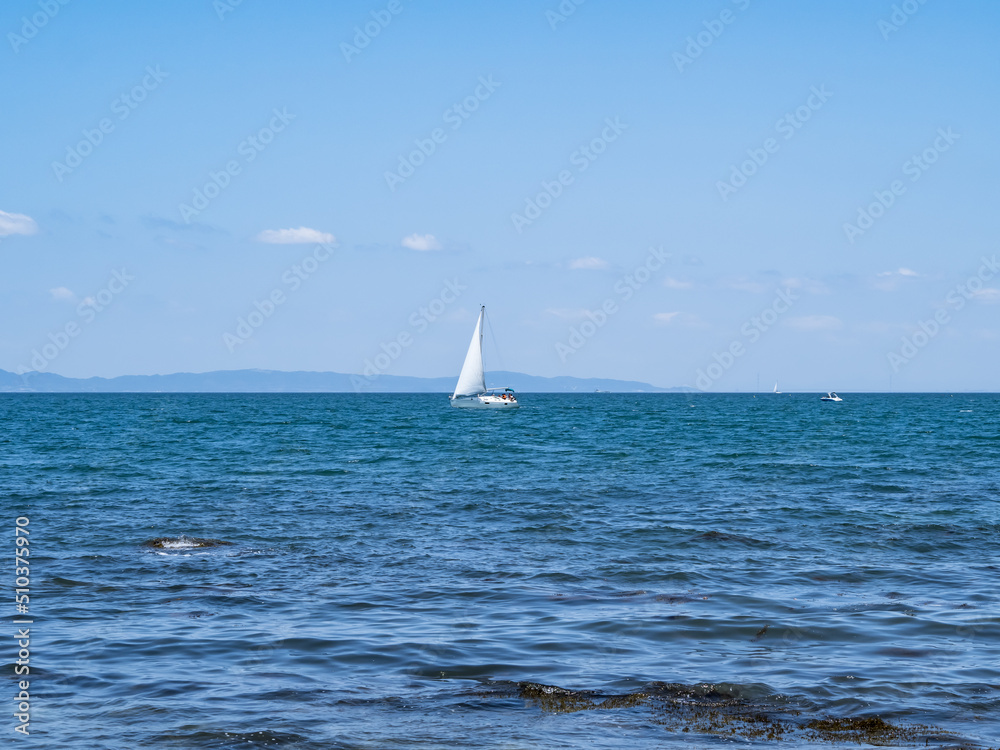 夏の海水平線とヨット