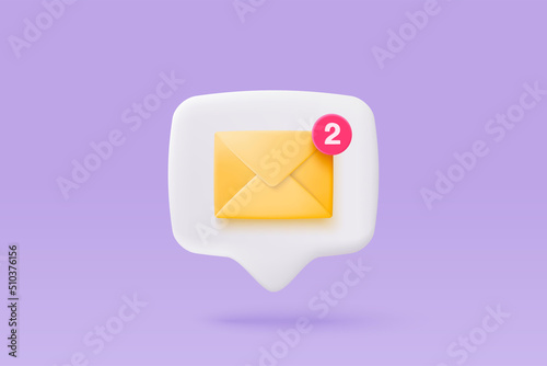 3d mail envelope icon with notification new message on purple background. Minimal email letter with notification red bubble unread icon. message concept 3d vector render isolated pastel background