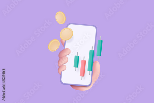 3D vector hand holding mobile isolated on pastel purple background. Hand using funding business graph on application under creative solution icon concept. 3d trading for business investment