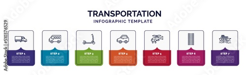 infographic template with icons and 7 options or steps. infographic for transportation concept. included eighteen-wheeler, minibus, kick scooter, litter car, military helicopter, railway line, ferry