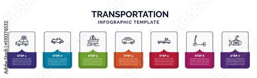 infographic template with icons and 7 options or steps. infographic for transportation concept. included police car, cabriolet, pt boat, automobile, flatbed lorry, micro scooter, small submarine