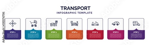 infographic template with icons and 7 options or steps. infographic for transport concept. included movement, baby trolley, car parking, parking men, go kart, auto, carrier icons.