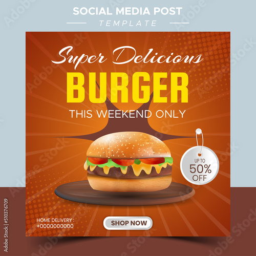 Food or culinary social media marketing templates. editable square social media posts for promotion. vector illustration with realistic burger and geometric podium