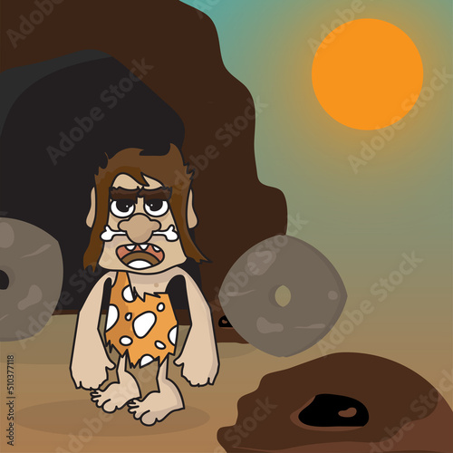 An uncivilized primitive caveman with cave illustration and Stone Age vector background.