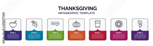 infographic template with icons and 7 options or steps. infographic for thanksgiving concept. included porridge, berries, thank you, thanksgiving, glass of water, chrysanthemum, beet icons.