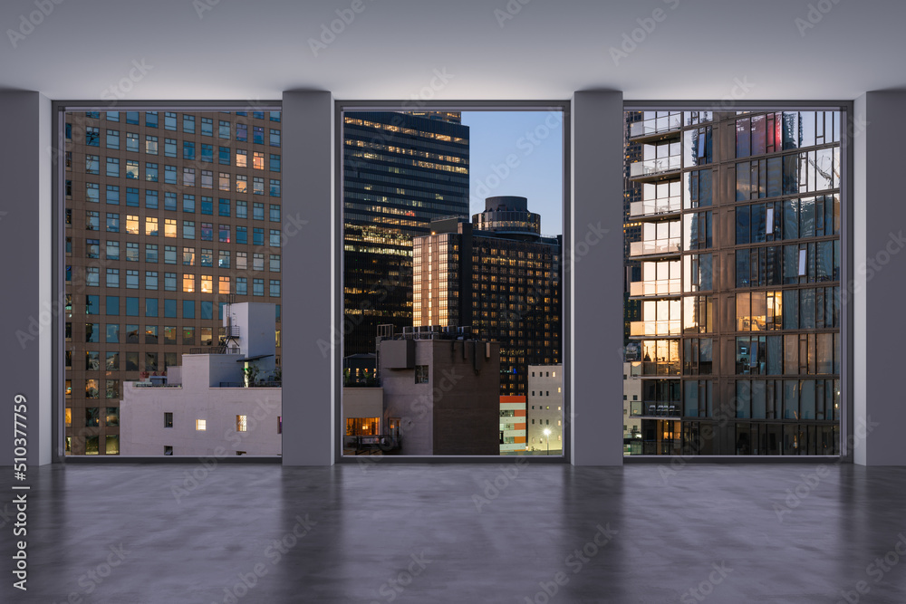 Fototapeta premium Downtown Los Angeles City Skyline Buildings from High Rise Window. Beautiful Expensive Real Estate overlooking. Epmty room Interior Skyscrapers View Cityscape. Night. 3d rendering.