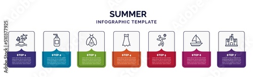 infographic template with icons and 7 options or steps. infographic for summer concept. included island, dispenser, firefly, dress, beach volleyball, yatch boat, sand castle icons.