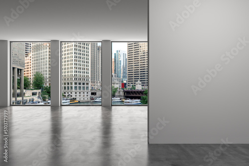 Downtown Chicago City Skyline Buildings Window background. Mockup empty copy space wall. Office room Interior Skyscrapers, River walk, bridge, waterfront view. Cityscape. Day. Ad concept. 3d rendering
