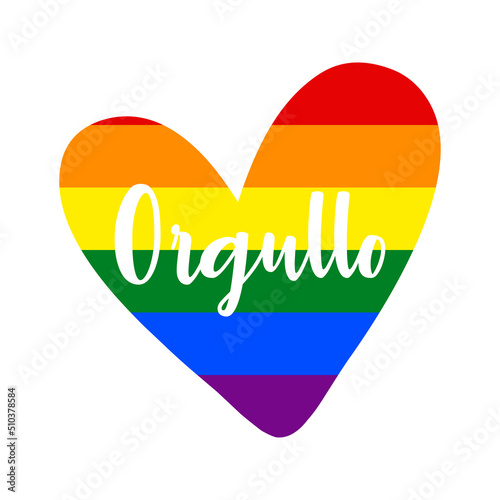 Banner con texto manuscrito Orgullo en español. Corazón con bandera lgbt. Color arco iris. Vector para evento del mes del orgullo. Logo orgullo gay
