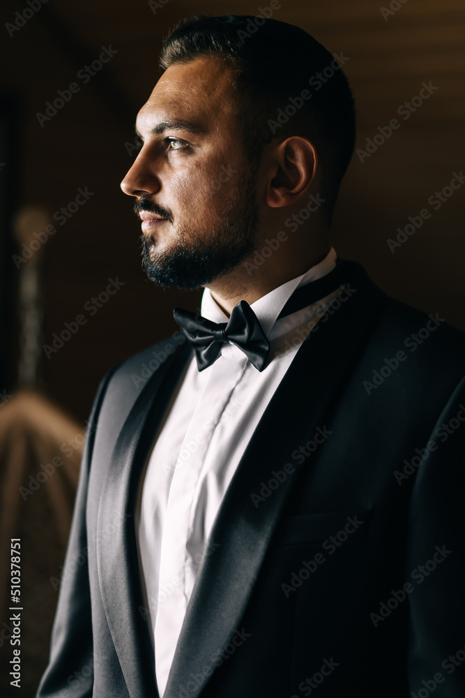 Stylish groomsmen. Businessman. Luxury man in suit in room. Groom morning preparation. Stylish groomsmen. Businessman. Luxury man in suit in room. Groom morning preparation.