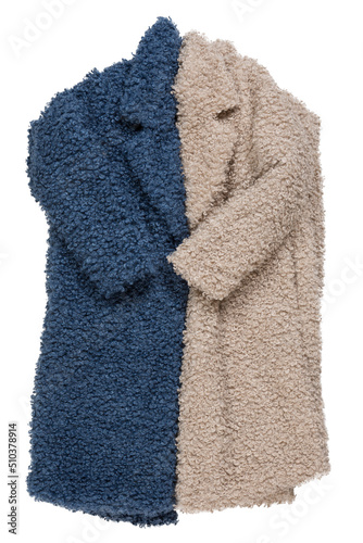 Two fur coats - beige and blue, folded in half and lie, as if one, from two halves, on a white background