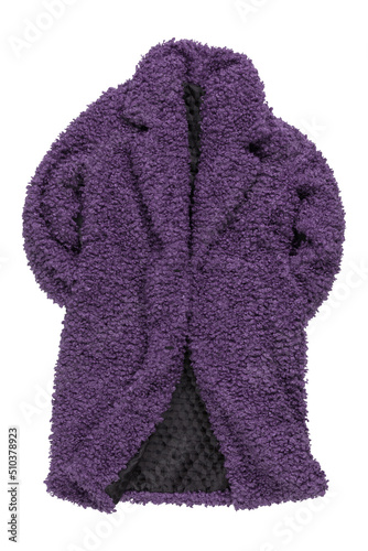 lilac fur coat made of faux fur, on a white background