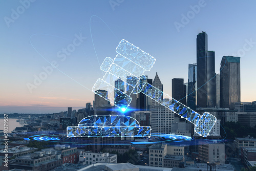 Seattle aerial skyline panorama of downtown skyscrapers at sunset, Washington USA. Glowing hologram legal icons. The concept of law, order, regulations and digital justice