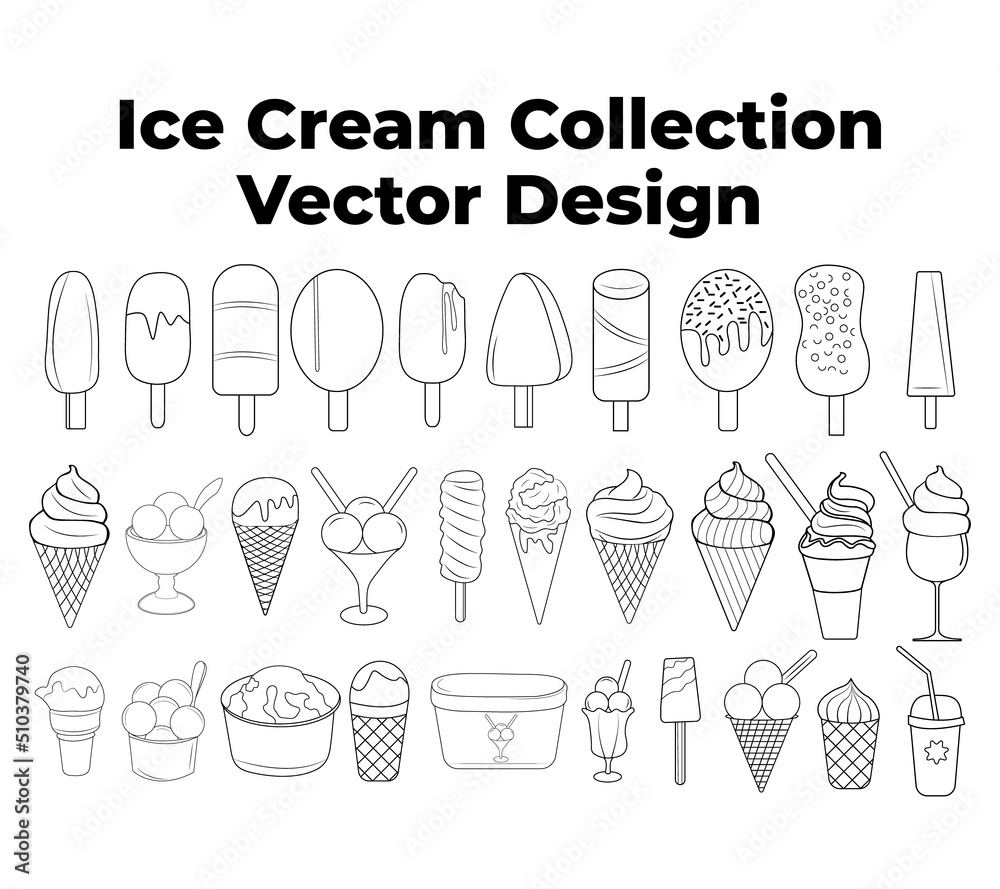 Set of ice creams of different types black outline vector illustration