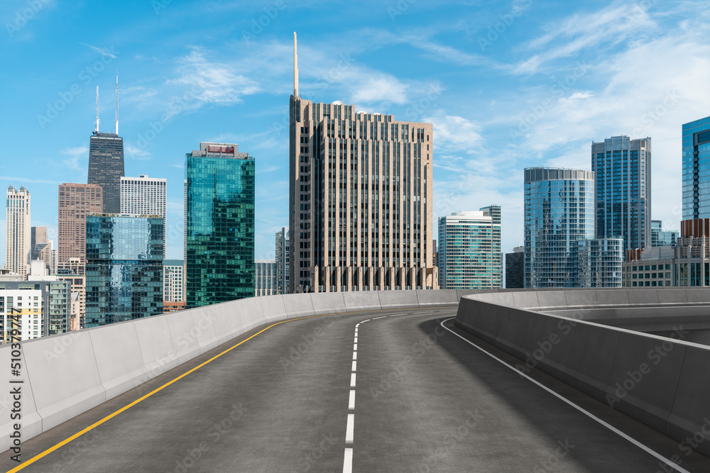 Obraz premium Empty urban asphalt road exterior with city buildings background. New modern highway concrete construction. Concept of way to success. Transportation logistic industry fast delivery. Chicago. USA.