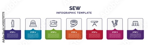 infographic template with icons and 7 options or steps. infographic for sew concept. included sew pattern, thimble, sewing hine, measuring, ironing board, sewing equipment, pleat icons.