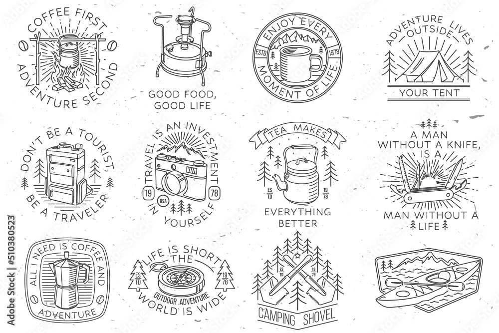 Set of camping badges, patches. Vector illustration Concept for shirt or logo, print, stamp or tee. Vintage line art design with camping equipment, forest, photo camera, primus, kettle, retro compass - obrazy, fototapety, plakaty 
