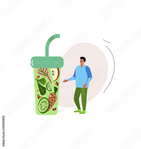 Vegetable smoothie, Young man choosing the right diet, concept of choosing vegetarianism, cartoon flat vector illustration.