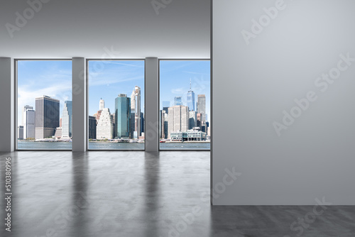 Downtown New York City Lower Manhattan Skyline Buildings. High Floor Window. Mock up wall. Real Estate. Empty room Interior Skyscrapers View Cityscape. Financial district. Day. 3d rendering.