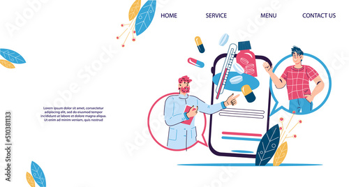 Online pharmacy or medical app for drugs and medications selling concept for website page. Purchasing medicines in online pharmacy drugstore webpage template, vector illustration.