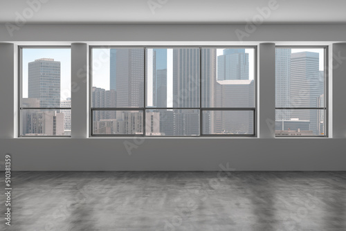 Downtown Los Angeles City Skyline Buildings from High Rise Window. Beautiful Expensive Real Estate overlooking. Epmty room Interior Skyscrapers View Cityscape. Day time. California. 3d rendering. © VideoFlow