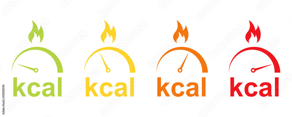Kilocalories (kcal) icons with fat burn. Indicator burn fat from low to high. Scale with loss calorie. - obrazy, fototapety, plakaty 