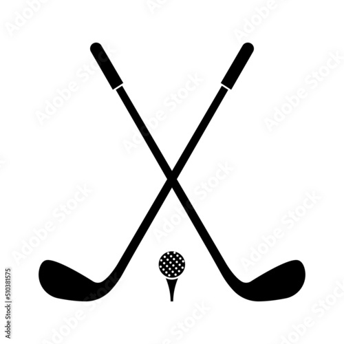 Two crossed golf clubs and ball. Stick for golf black silhouette. Sport game. Vector 10 ESP.