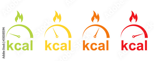 Kilocalories (kcal) icons with fat burn. Indicator burn fat from low to high. Scale with loss calorie. photo