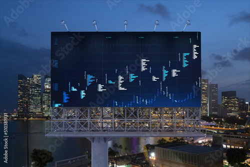 FOREX graph hologram on billboard, aerial night panoramic cityscape of Singapore. The developed location for stock market researchers in Southeast Asia. The concept of fundamental analysis