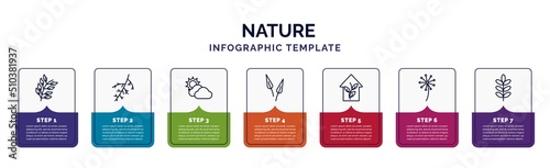 infographic template with icons and 7 options or steps. infographic for nature concept. included bilberry leaf, larch leaf, sunny protic, subulate, indoor, pollen, acacia icons.