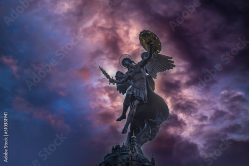 Fountain with a sculpture of Archangel Michael in the park Volodymyr Hill in Kyiv, Ukraine