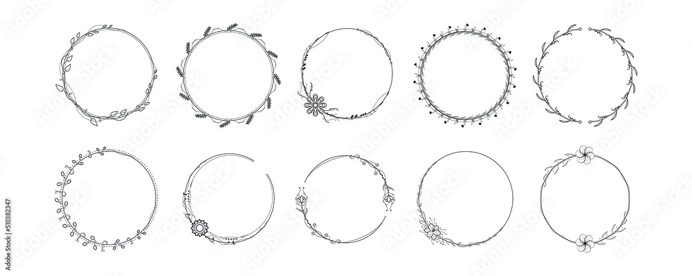 Set Black Simple Line Collection Doodle Round Floral Frame Leaves Elements Vector Design Style Sketch Isolated Illustration For Banner