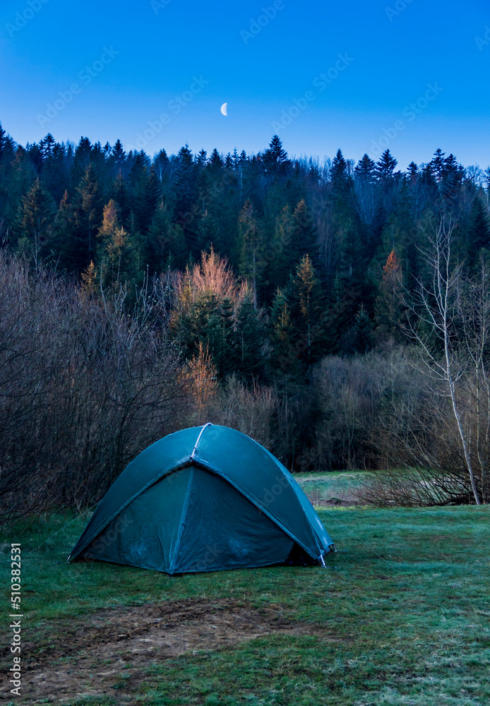 green tourist tent, Skole Beskids National Nature Park, Ukraine