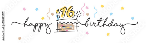 16th Birthday handwritten typography lettering Greeting card with colorful big cake, number, candle and confetti photo