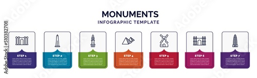 infographic template with icons and 7 options or steps. infographic for monuments concept. included barcelona, obelisk of bue aires, clock tower, egyptian, kinderdijk windmills, spain, amritsar